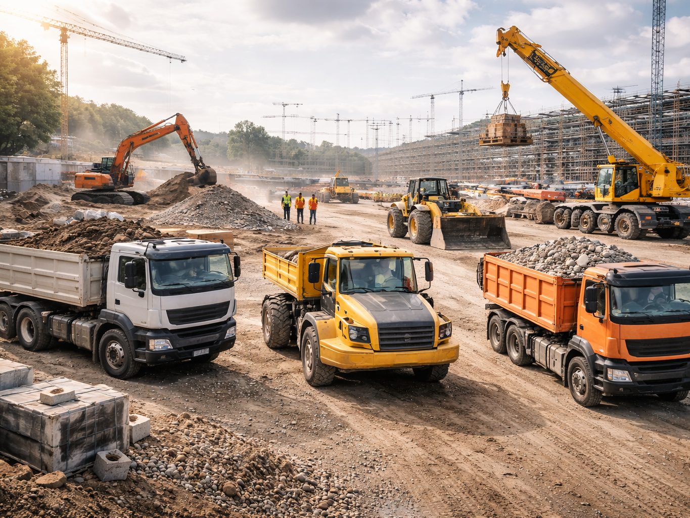 Mehrere unterschiedliche Nutzfahrzeuge auf einer Baustelle