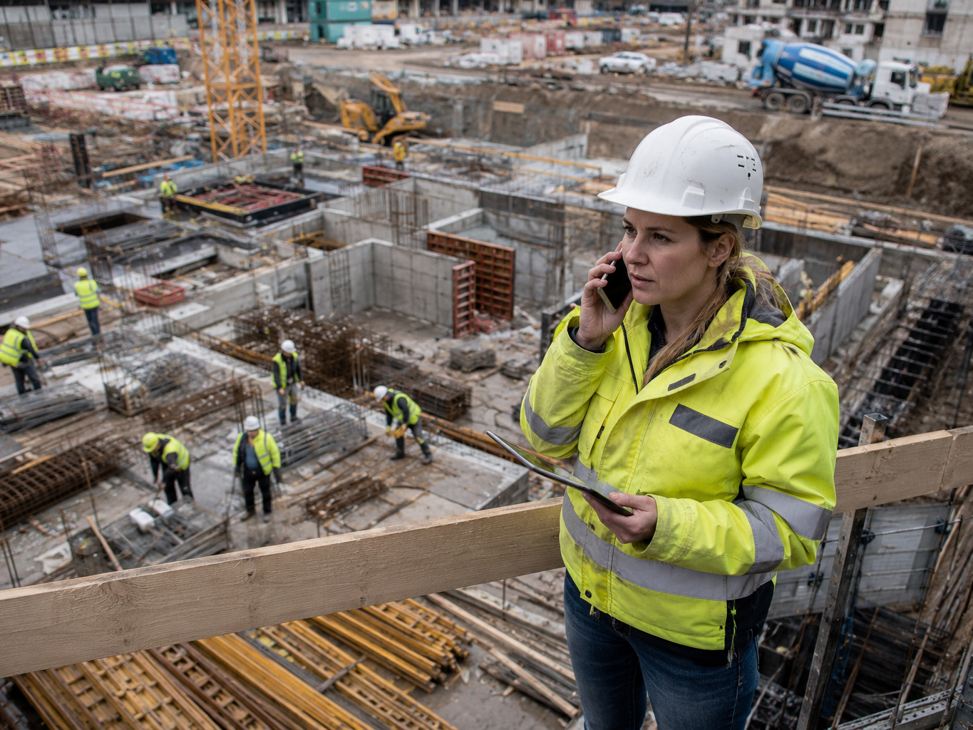 Eine Bauleitern spricht sorgenvoll auf einer Baustelle in ihr Smartphone