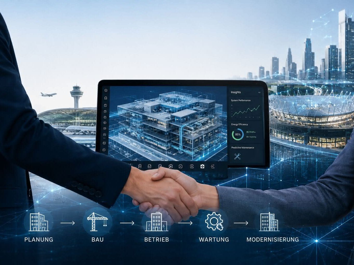 Zwei männliche Hände schütteln sich vor einem digitalen 3D-Modell