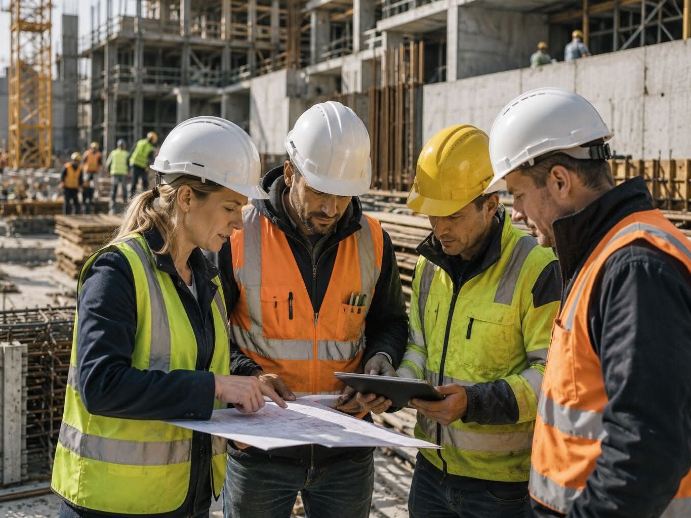 Bauleiter verschiedener Firmen auf einer betriebsamen Baustelle