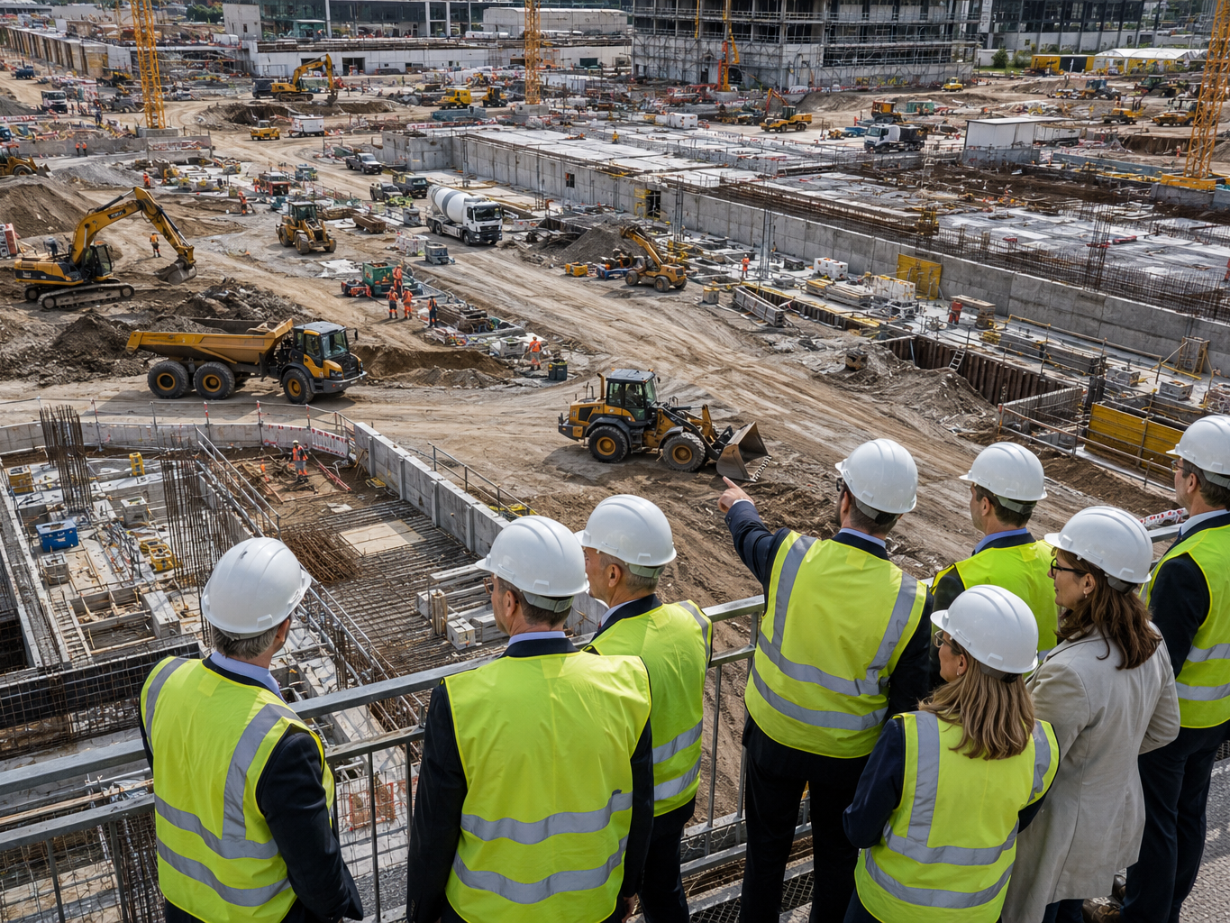 Weibliche und männliche Politiker blicken auf eine Baustelle