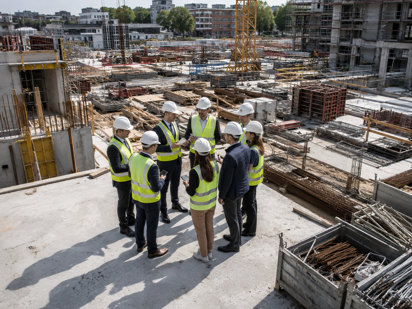 Männliche und weibliche Geschäftsführer tauschen sich auf einer Baustelle aus. Männliche und weibliche Geschäftsführer tauschen sich auf einer Baustelle aus.