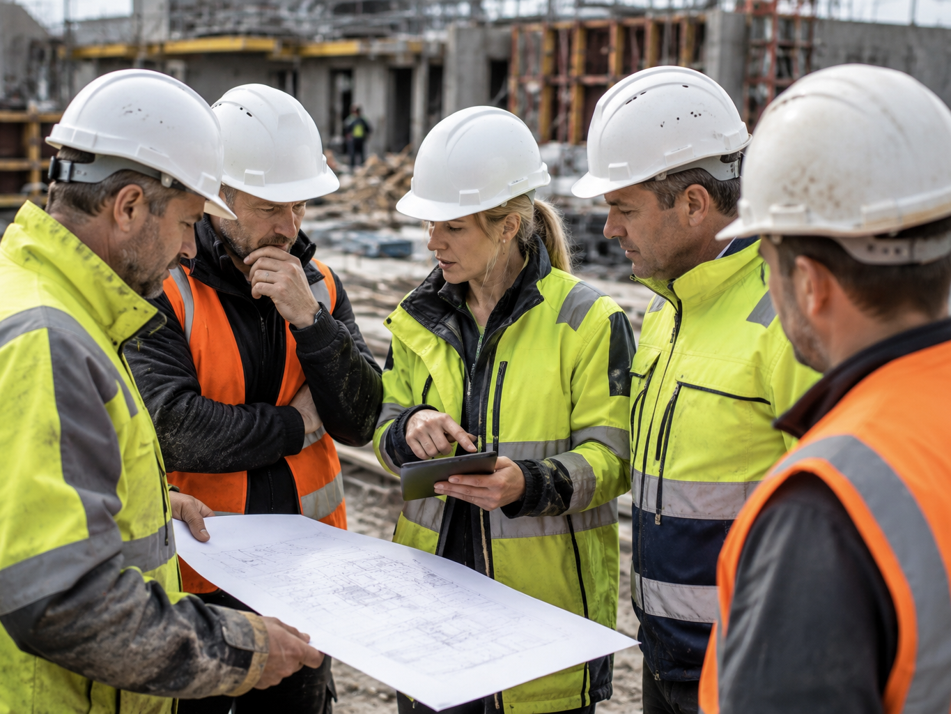 Weibliche und männliche Bauleiter besprechen sich auf einer Baustelle