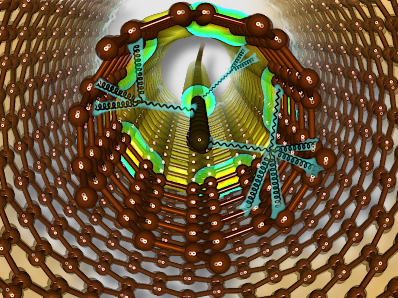 Exotische Schwingungen in neuen Materialien Carbyne als vielversprechender nanoskaliger Sensor Schematische Darstellung von Carbyne, das in doppelwandigen Kohlenstoffnanoröhren mit kleinem Durchmesser stabilisiert ist