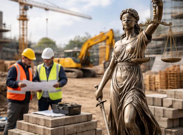 Justizia Justizia mit verbundenen Augen auf einer Baustelle