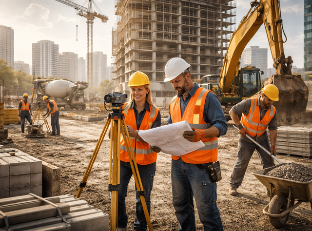 Baustelle Bauarbeiter arbeiten auf einer geschäftigen Großbaustelle