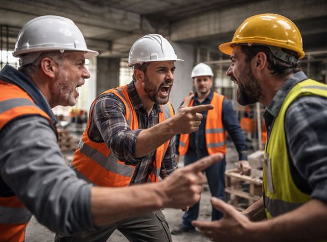 Bauarbeiter, die heftig und wütend miteinander streiten