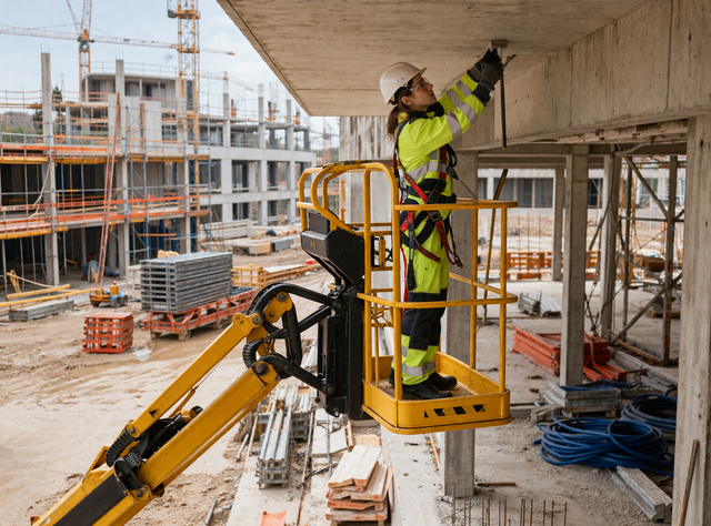Arbeiter auf einer Baustelle, im Vordergrund eine Arbeitsbühne