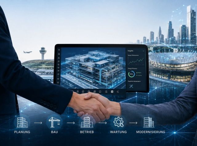 Zwei männliche Hände schütteln sich vor einem digitalen 3D-Modell