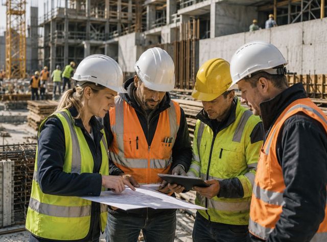 Bauleiter verschiedener Firmen auf einer betriebsamen Baustelle
