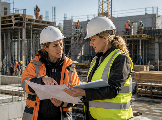 Zwei Bauleiterinnen verhandeln auf einer Baustelle