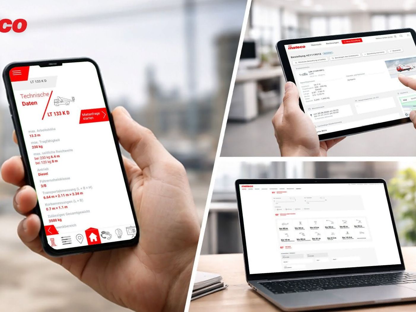 Blick auf Smartphone, PC und Tablet mit der Mateco-App
