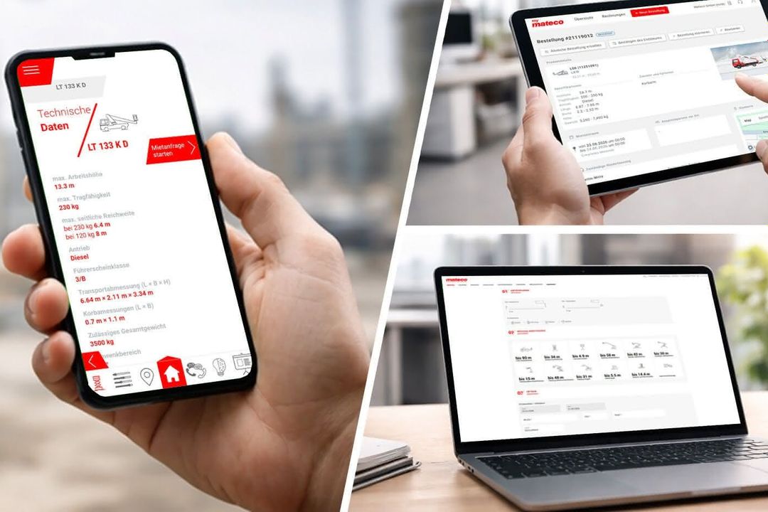 Blick auf Smartphone, PC und Tablet mit der Mateco-App
