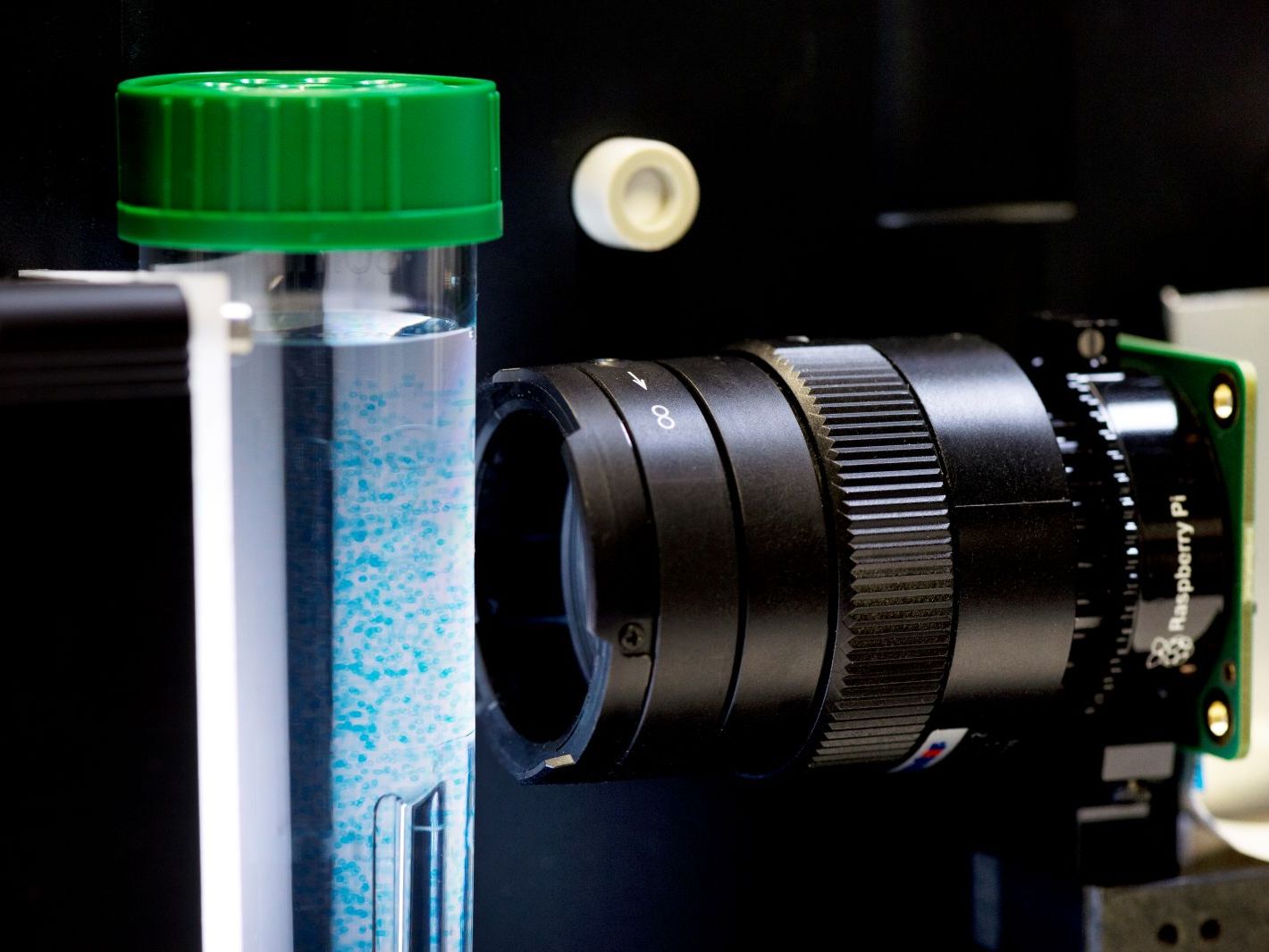 Wachstum von 3D-Zellaggregaten im Bioreaktor überwachen Teil des Bioreaktors und Kameraobjektiv