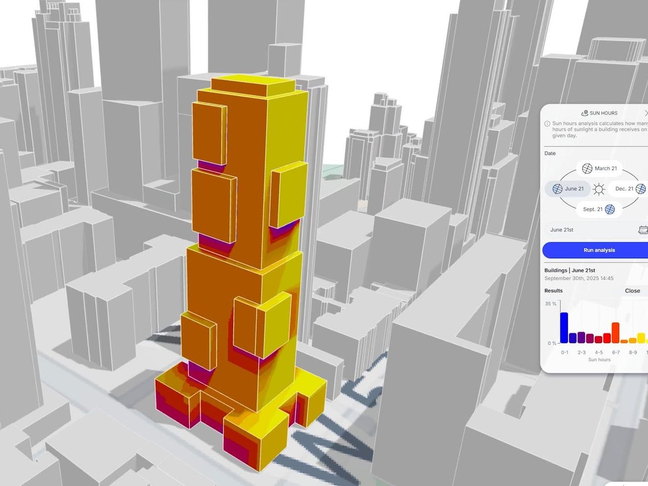 Projekt Aurora Detailansicht von Projekt Aurora von Graphisoft, zu sehen ist ein oranges, digitales 3D-Modell eines Hochauses sowie ein Menü zur Bearbeitung