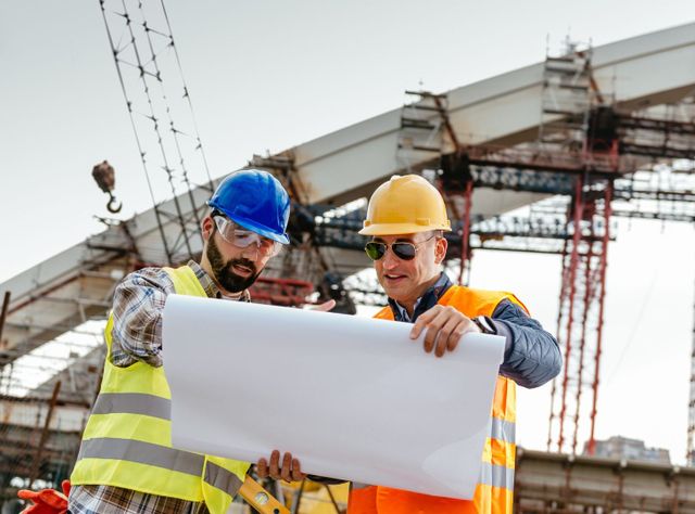 Frankreich - Innovationen für das Baugewerbe Zwei Arbeiter betrachten einen Bauplan vor der Baustelle einer Brücke