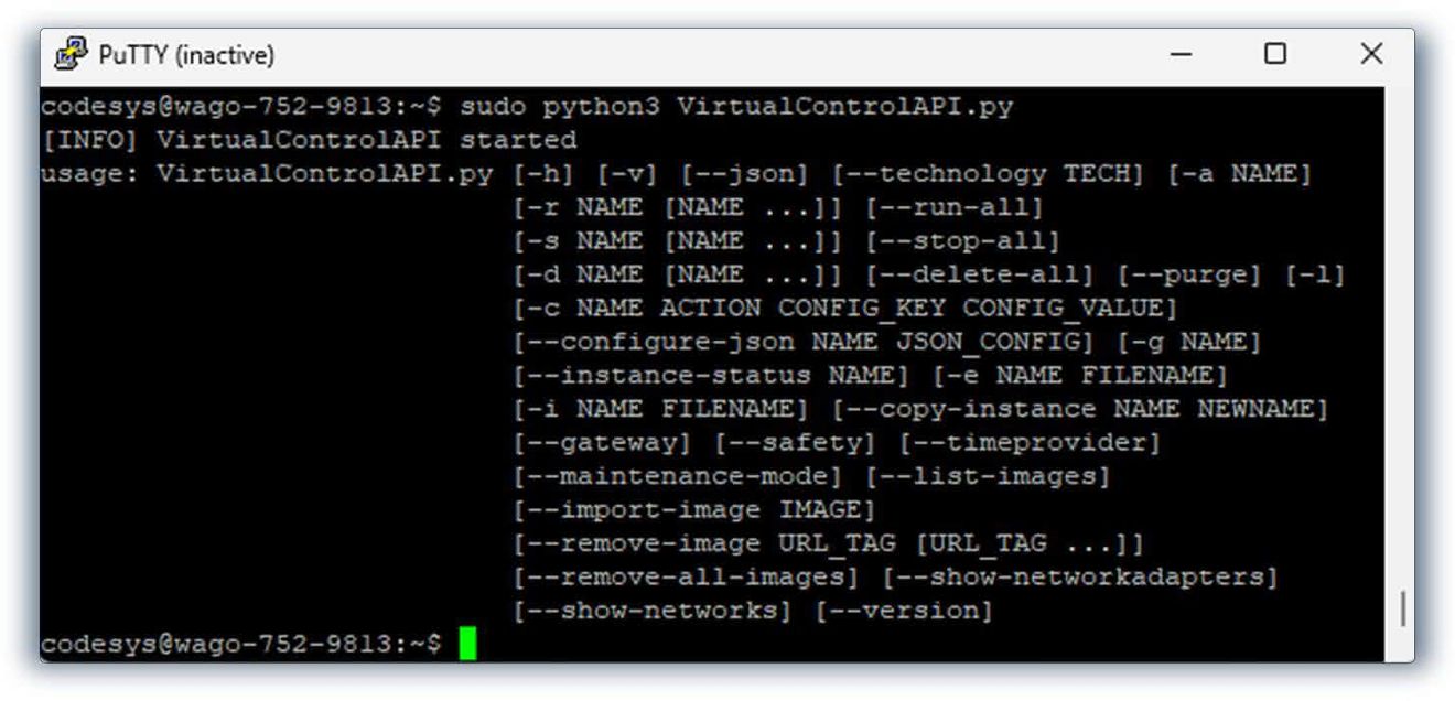 Bild 3: Die Funktionen des Kommandierungsskripts für virtuelle Steuerungen können bei Bedarf auch manuell per SSH-Tool aufgerufen werden. Bild 3: Die Funktionen des Kommandierungsskripts für virtuelle Steuerungen können bei Bedarf auch manuell per SSH-Tool aufgerufen werden.