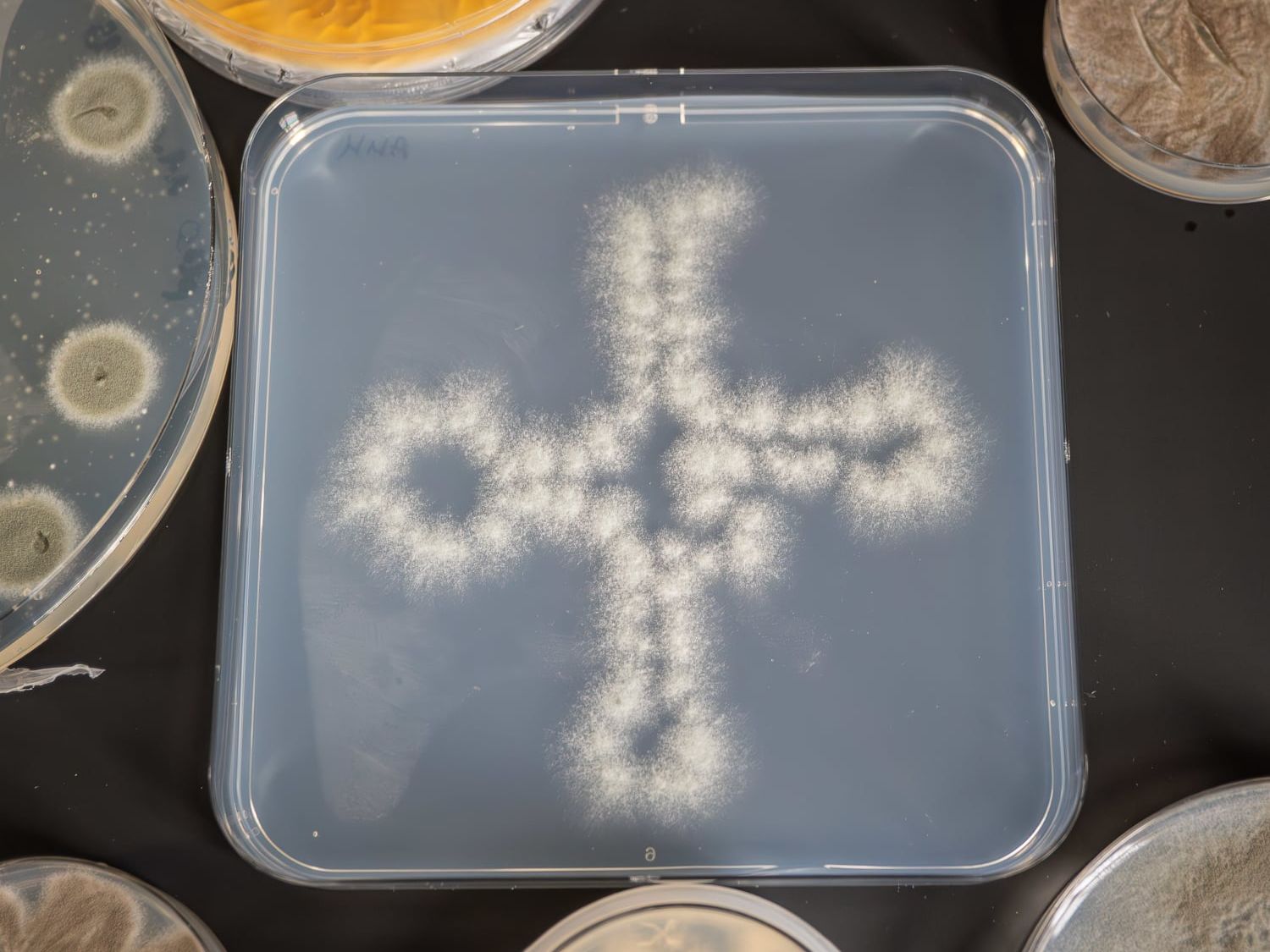 Aspergillus fumigatus-Kolonien, die in Form eines tRNA-Moleküls ausgestrichen wurden Aspergillus fumigatus-Kolonien, die in Form eines tRNA-Moleküls ausgestrichen wurden