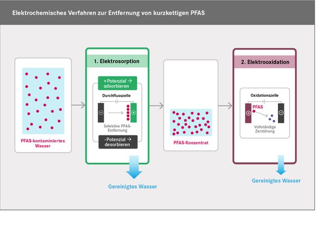 Grafik: Im Verlauf des UFZ-Verfahrens werden die PFAS zuerst durch Elektrosorption abgetrennt und angereichert (Schritt 1) und danach durch Elektrooxidation zerstört (Schritt 2). Übrig bleiben vor allem CO2 und Fluorid.