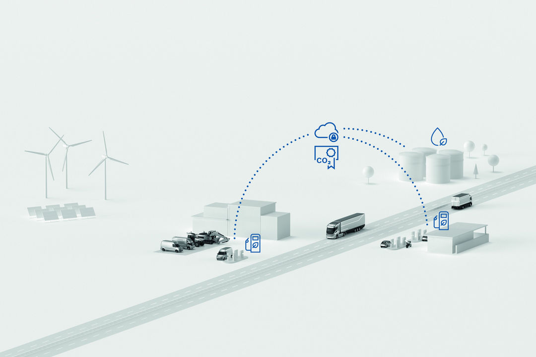 Digitale Dokumentation des klimafreundlichen Flottenbetriebs: Der Digital Fuel Twin von Bosch liefert auditfähige Nachweise über den Einsatz klimafreundlicher Kraftstoffe und die dadurch verringerten CO₂-Emissionen.