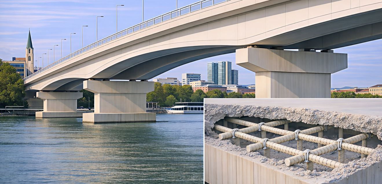 Alternative to steel reinforcement: Pultruded reinforcements permanently withstand road salt. Alternative to steel reinforcement: Pultruded reinforcements permanently withstand road salt.