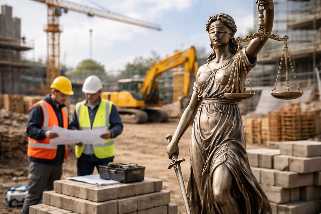 Justizia Justizia mit verbundenen Augen auf einer Baustelle