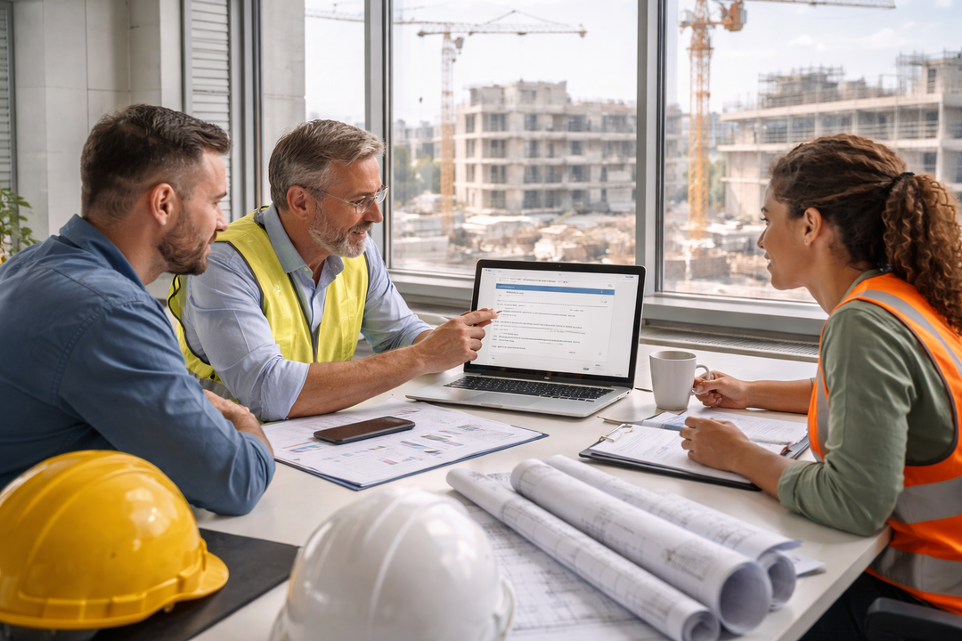 Leserumfrage Männliche und weibliche Bauarbeiter schauen im Büro auf einen Laptop im Hintergrund ist eine Baustelle