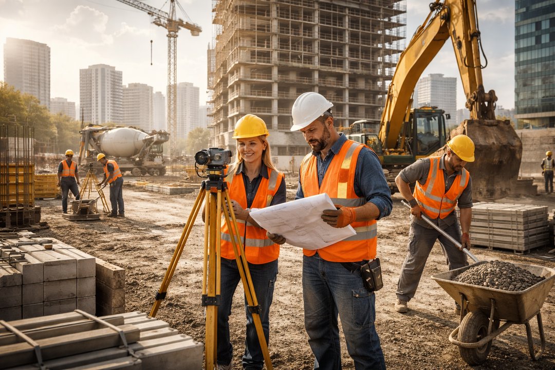 Baustelle Bauarbeiter arbeiten auf einer geschäftigen Großbaustelle