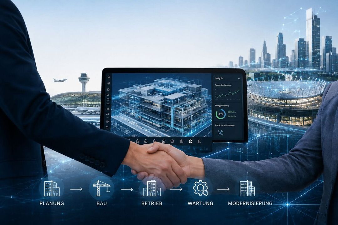 Autdesk Zwei männliche Hände schütteln sich vor einem digitalen 3D-Modell
