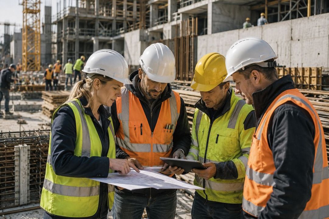 Bauleiter verschiedener Firmen auf einer betriebsamen Baustelle
