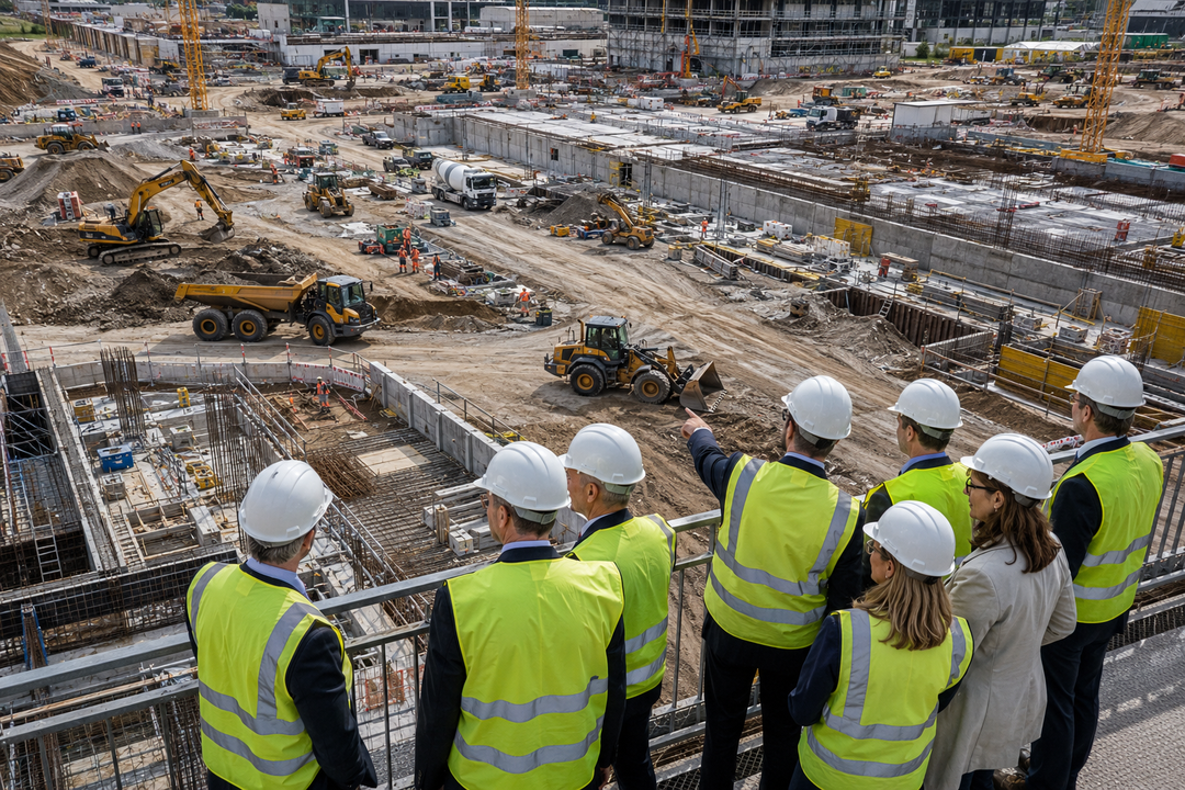 Weibliche und männliche Politiker blicken auf eine Baustelle