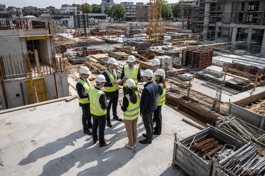 Männliche und weibliche Geschäftsführer tauschen sich auf einer Baustelle aus.