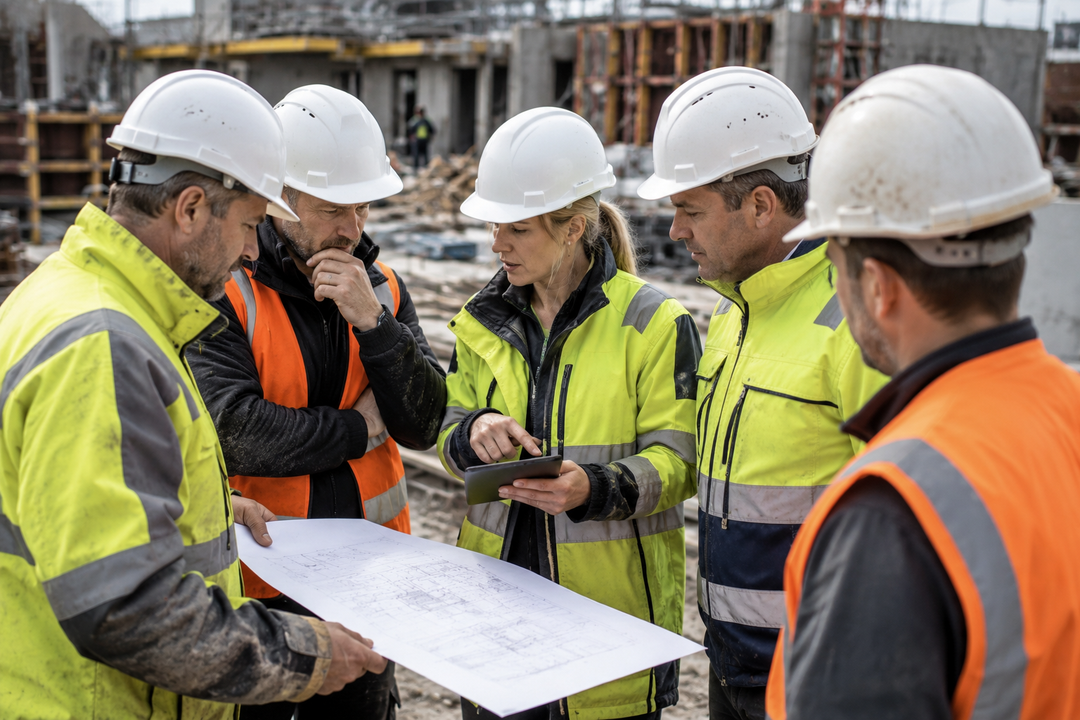 Weibliche und männliche Bauleiter besprechen sich auf einer Baustelle
