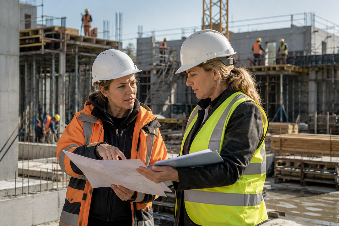 Zwei Bauleiterinnen verhandeln auf einer Baustelle