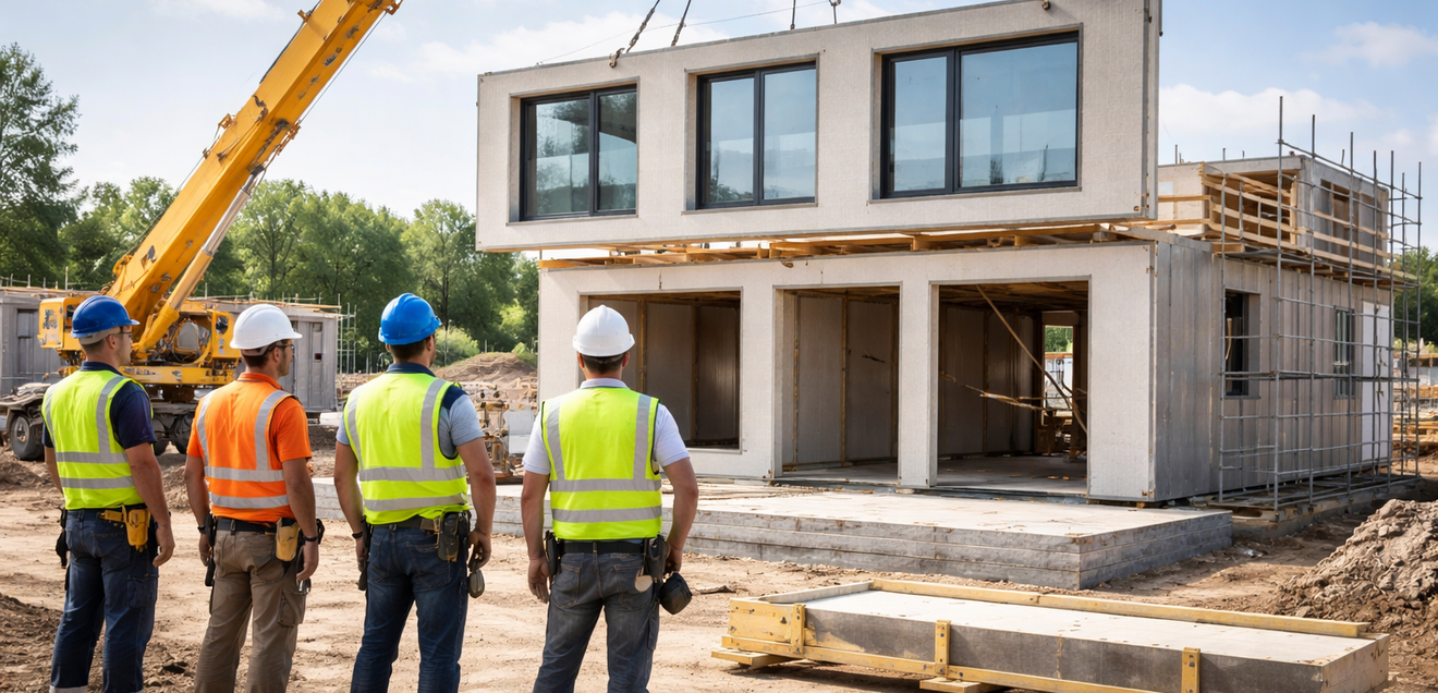Baustelle Fertigbau Bauarbeiter beobachten, wie ein Element eines Fertighauses an die richtige Stelle gehoben wird.