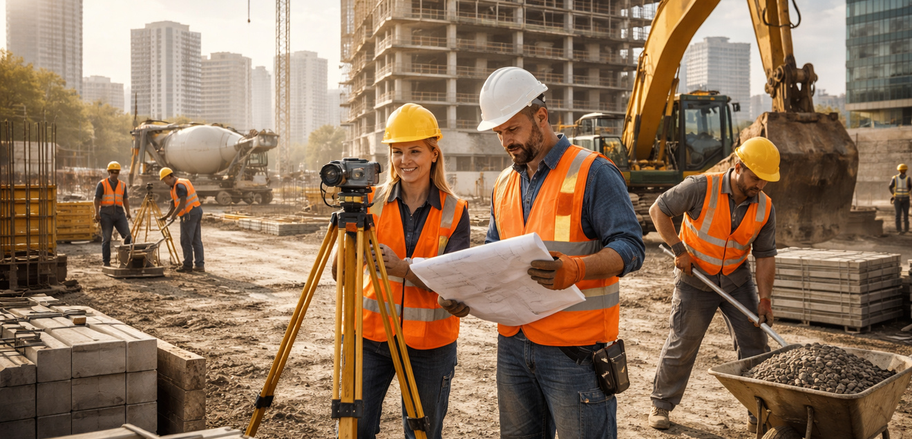 Baustelle Bauarbeiter arbeiten auf einer geschäftigen Großbaustelle