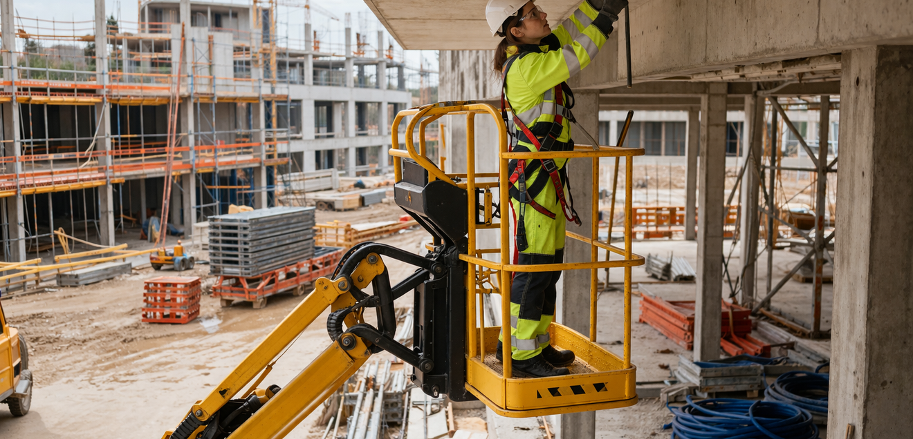 Baustelle Arbeiter auf einer Baustelle, im Vordergrund eine Arbeitsbühne