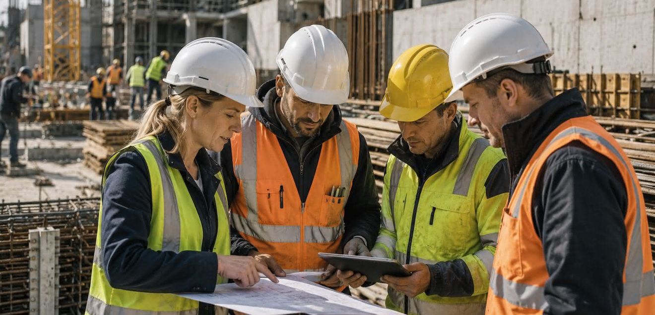 Bauleiter verschiedener Firmen auf einer betriebsamen Baustelle