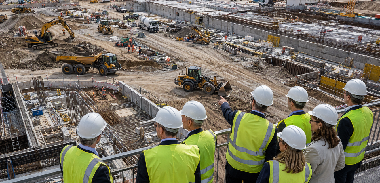 Weibliche und männliche Politiker blicken auf eine Baustelle