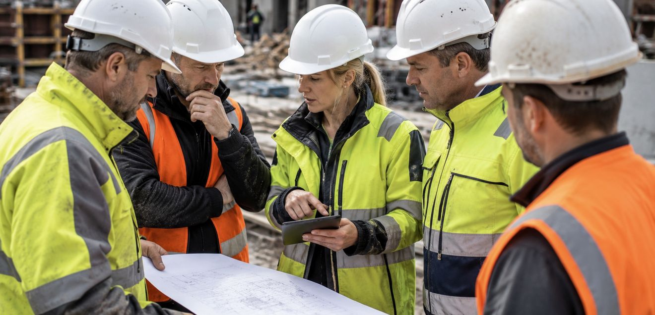 Baustelle Weibliche und männliche Bauleiter besprechen sich auf einer Baustelle