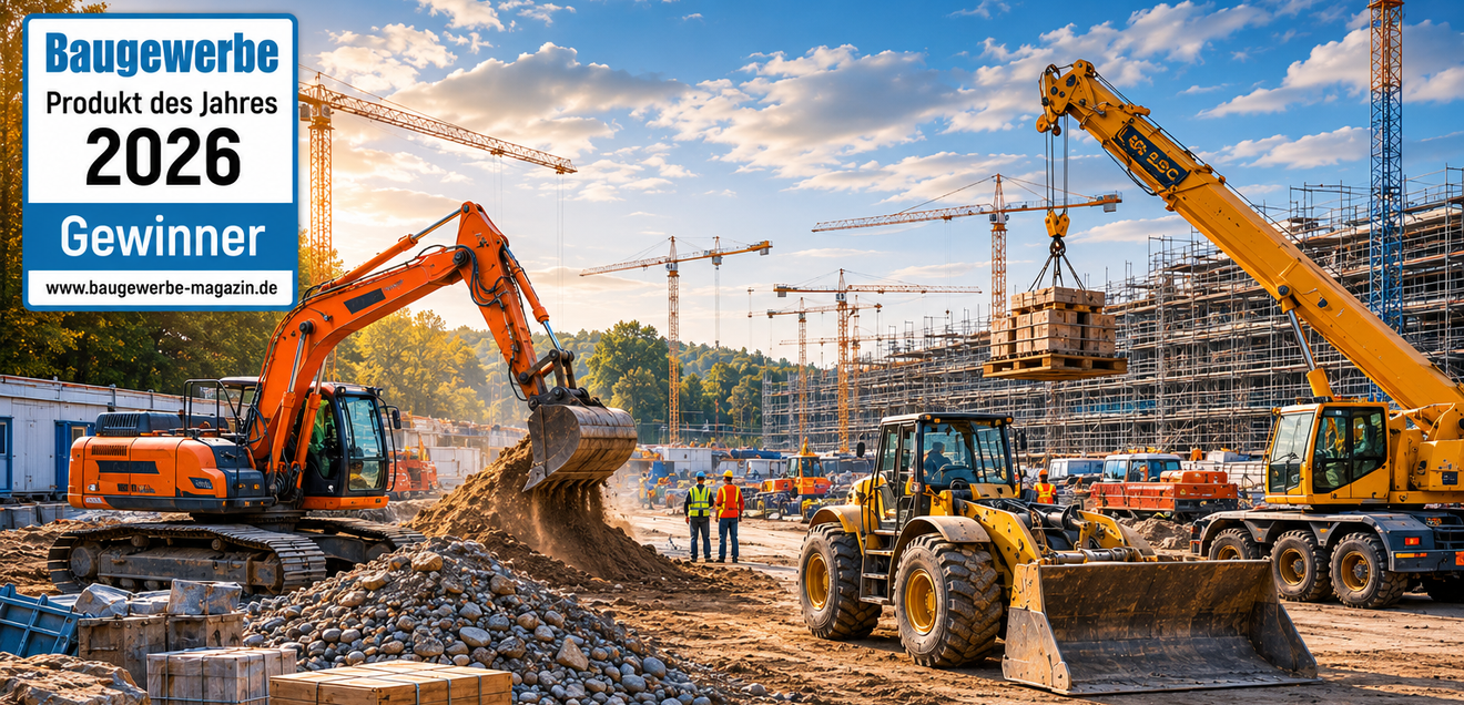 Der Blick auf eine Baustelle, auf der viele Baumaschinen arbeiten