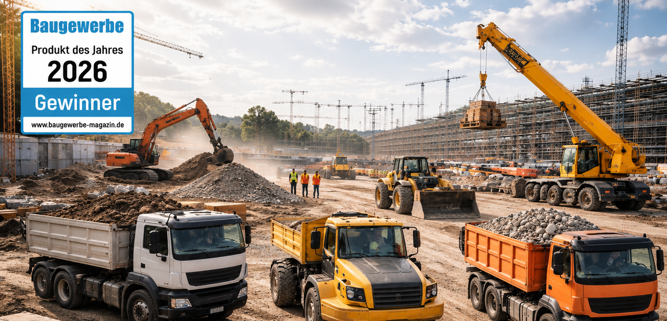 Mehrere unterschiedliche Nutzfahrzeuge auf einer Baustelle