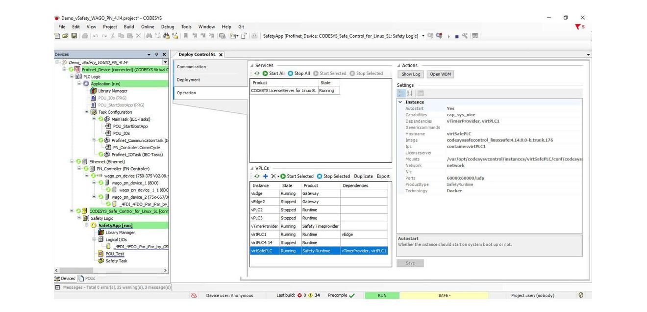 Screenshot des Deployment-Tools zum Aufsetzen virtueller funktionaler und sicherer Steuerungen im Codesys Development System.
