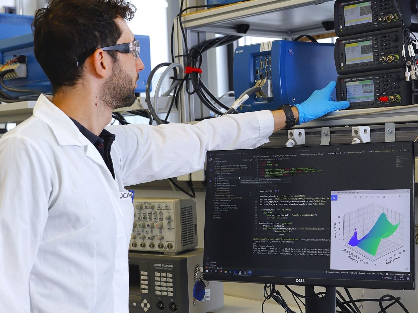 Echtzeit-Messverfahren verlängert Lebensdauer und erhöht Sicherheit von Batterien Laboraufbau zur computergestützten Echtzeit-Impedanzmessung an einer Lithium-Ionen-Batteriezelle zur Analyse des Zustands