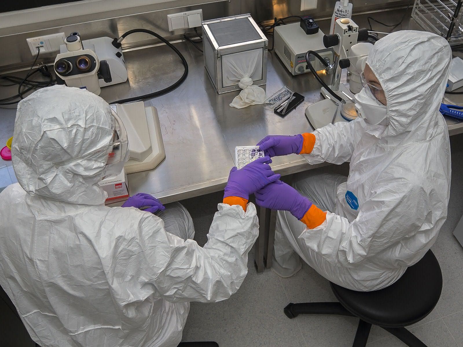 Zwei Mitarbeitende im Labor der Biologischen Sicherheitsstufe 3