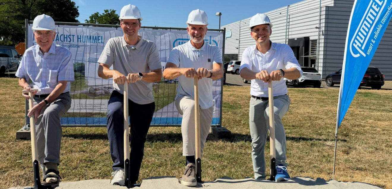 Hummel Expands Its Operations: A New Production Facility Is Being Built in Denzlingen At the groundbreaking ceremony for the plant expansion (from left): Helmut Hummel, Holger Hummel, Bernd Hotze (CSO/CTO), and Patrick Kemper (COO/CFO)