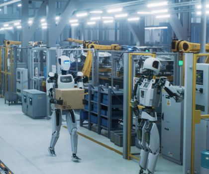 Humanoide Roboter arbeiten autonom in einer Fabrik