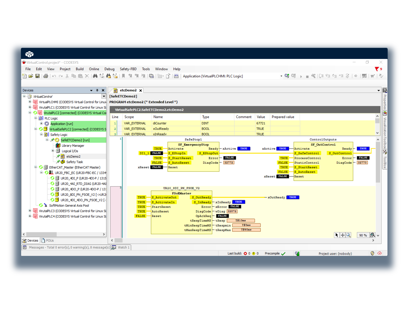Figure 2: Screenshot of the Codesys Development System with SIL3 application (right) on a virtual safety controller (left in the tree).