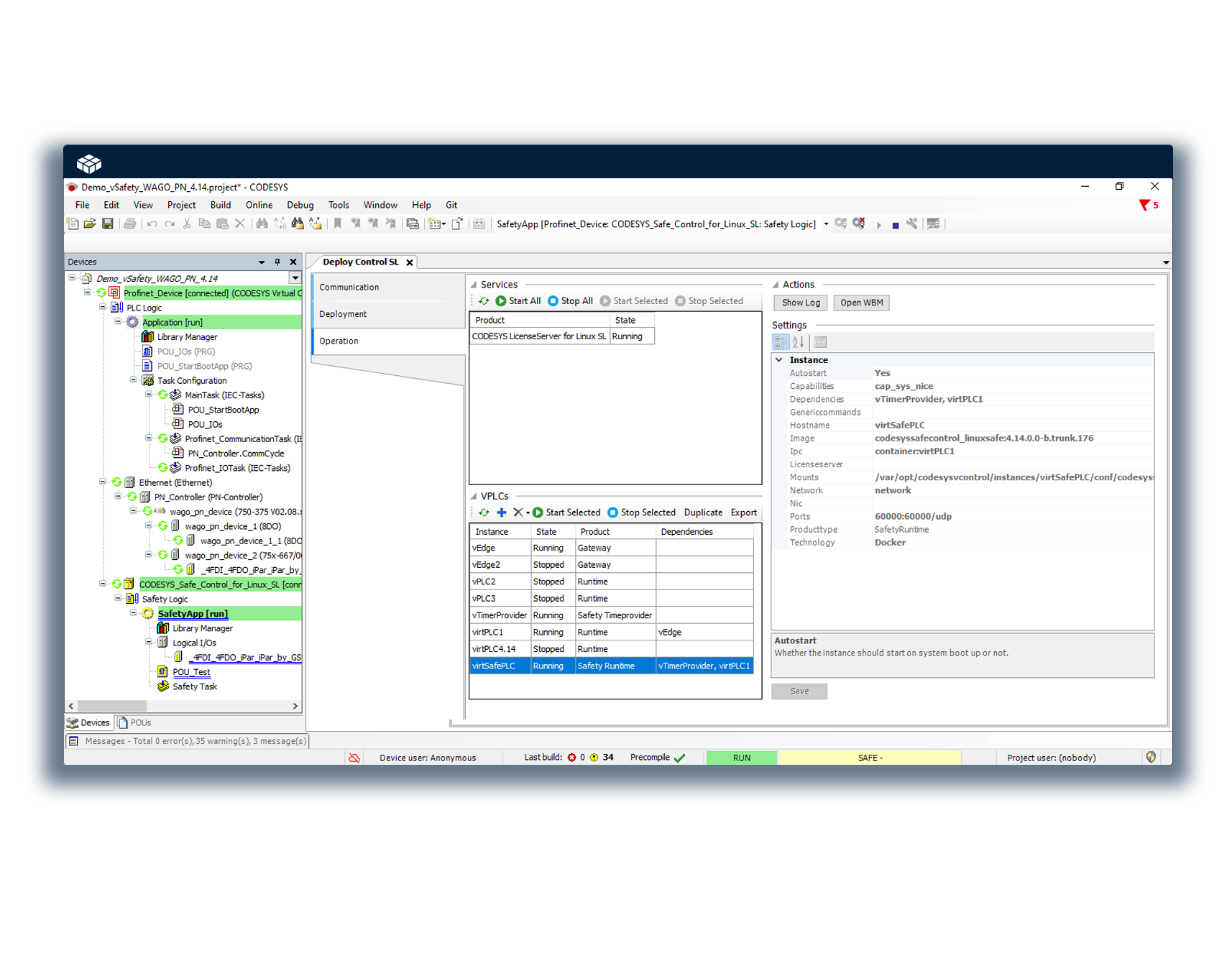 Figure 3: Screenshot of the deployment tool for setting up virtual functional and safe controllers in the Codesys Development System.