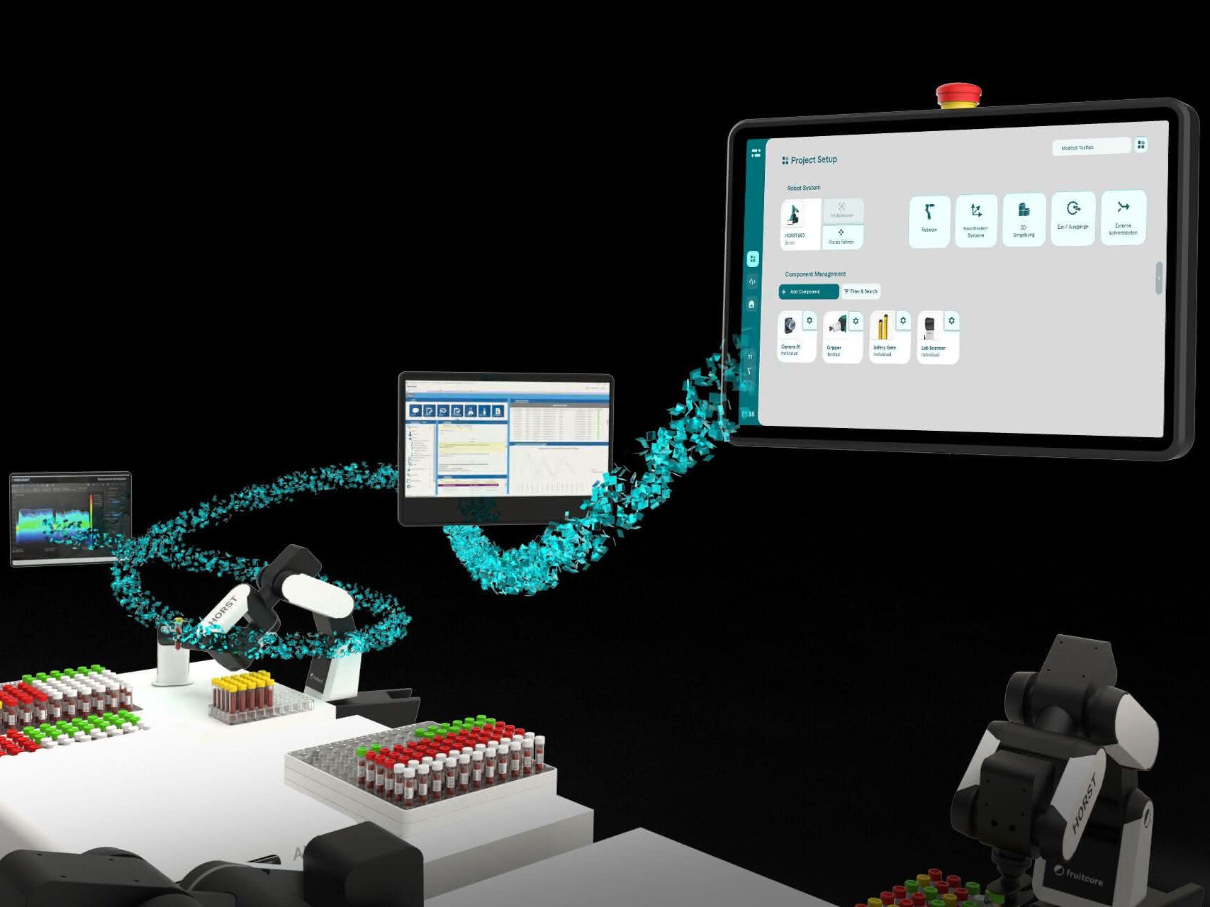 Visualisierung des durchgängigen Datenstroms von der Leitsoftware zur Robotik und zurück.